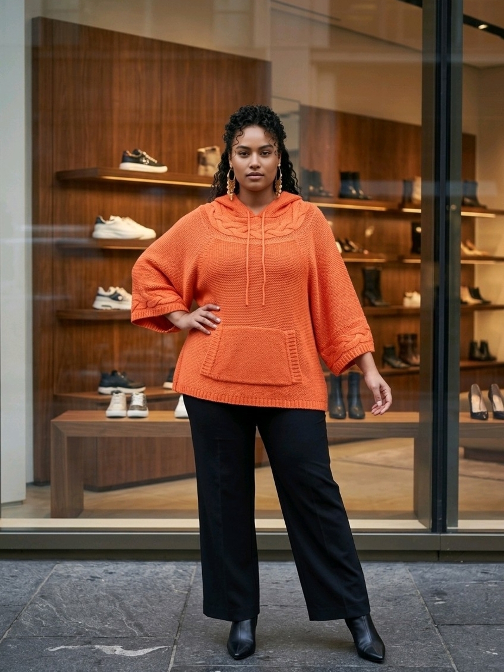V-neck coral Orange hooded Cable knit Poncho sweater